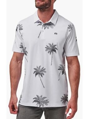 Travis Mathew Mesic Palm Tree Polo Mens M White Black Coastal Knit Shirt Casual